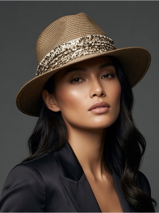 Eugenia Kim Accessories - Eugenia Kim Tan Straw Fedora with Patterned Sequin Band